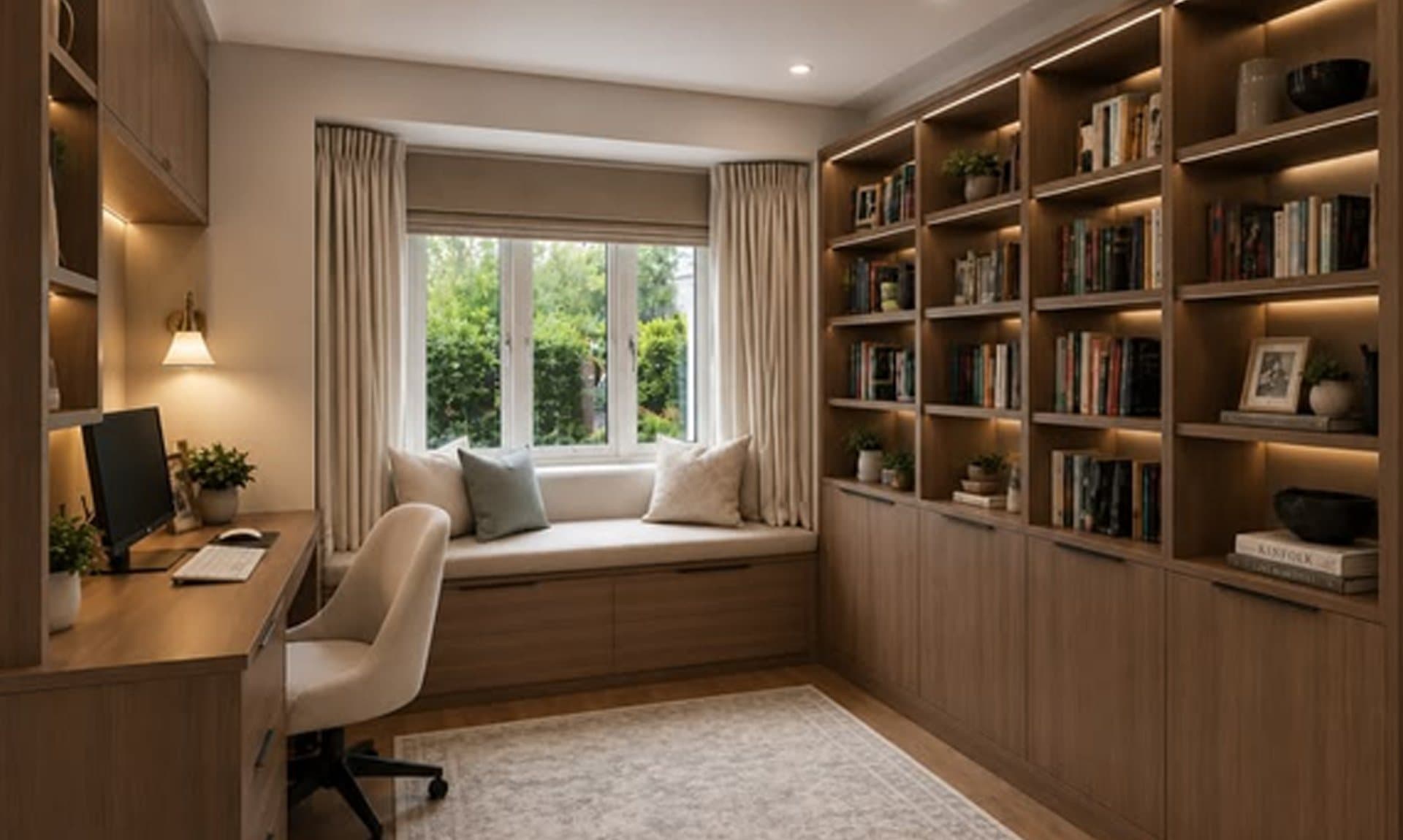 Home study with built-in wooden shelving and window seat