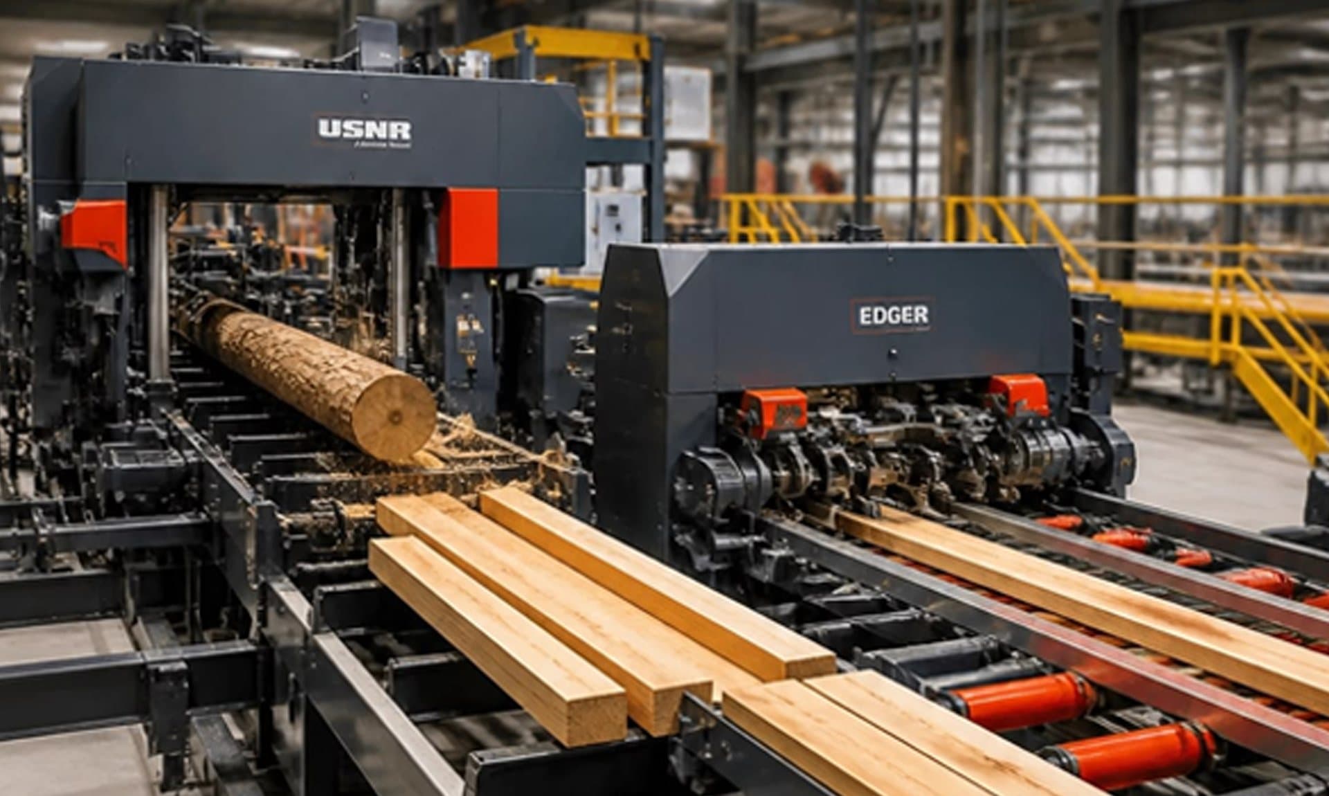 Industrial edger machine processing timber boards