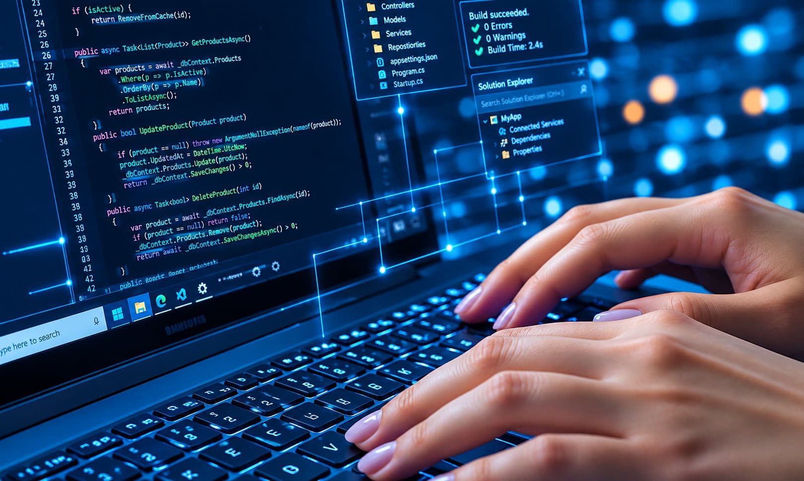 Hands typing on a laptop showing code and data dashboards